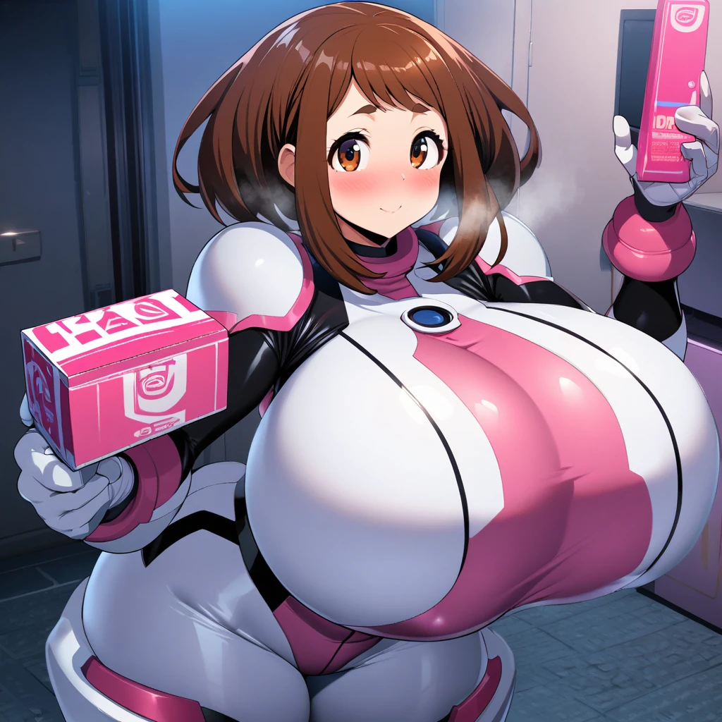 uraraka ochako,1girl,solo,hero suits,Females in heat,blush,gigantic huge breasts,condom box in right hand,looking at viewer,standing up,night,in room