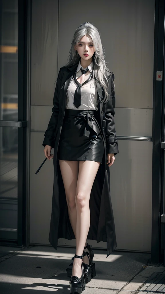 Battlefield Background，A long black coat，White tube top，Tie a tie，grey miniskirt，Close-up shot of young girl with long white hair in black platform shoes holding bow，Full body close-up
