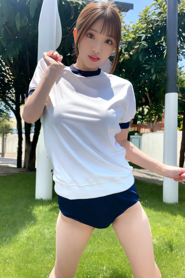 Very detailed CG Unity 8k 壁紙, Highest quality, Very detailed, masterpiece, Realistic, photo Realistic, Very detailed、Japanese women、pretty girl、22 years old、(((Wear white gym clothes、Black bloomers)))、Normal body type、(Large Breasts:1.4)、(Small bloomers:1.8)、Lips apart 22、(On the lawn of the square)、Short Bob Cut、Too bright natural light、Lips shining with lip gloss、Sparkling eyes, ((Are standing:1.0))、((Stand and spread your legs:0.5)) Open your mouth a little、