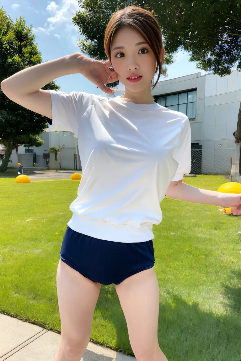 Very detailed CG Unity 8k 壁紙, Highest quality, Very detailed, masterpiece, Realistic, photo Realistic, Very detailed、Japanese women、pretty girl、22 years old、(((Wear white gym clothes、Black bloomers)))、Normal body type、(Large Breasts:1.4)、(Small bloomers:1.8)、Lips apart 22、(On the lawn of the square)、Short Bob Cut、Too bright natural light、Lips shining with lip gloss、Sparkling eyes, ((Are standing:1.0))、((Stand and spread your legs:0.5)) Open your mouth a little、