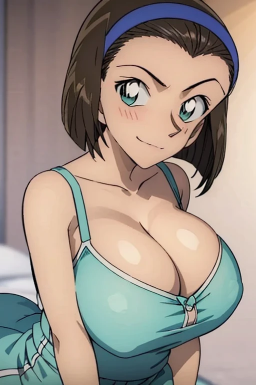 looking at the camera、When I Look at You、lookatviewer、Anime Style、Eroge、1 Girl, (Huge breasts), (Tight white camisole dress)、Low Angle、Brown haired, hair band、Bob Hair、The forehead is visible、blush,The whole body is visible:1.5、Dolphin Shorts、Cleavage