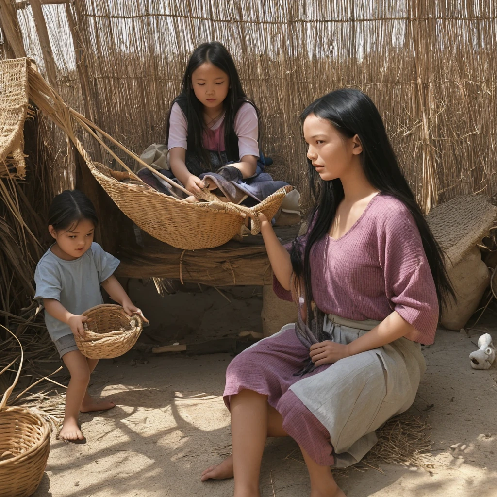 Young woman with children weaving their lives