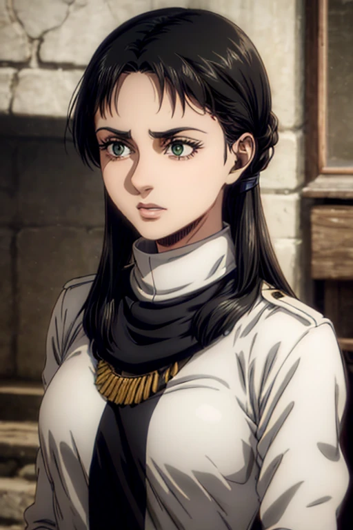 30 year old woman, long black hair, greeneyes, neutral expression, necklace on the neck, White military uniform, marley, liberio,