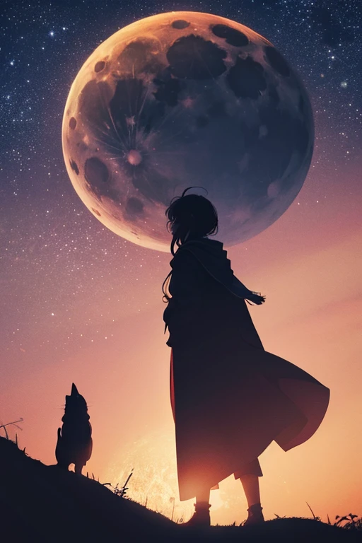 Highest quality,Big moon and shadow,A silhouette of a person can be seen against the backdrop of a large moon.,There is one full moon,There is a mood,Beautiful scenery,Starry Sky