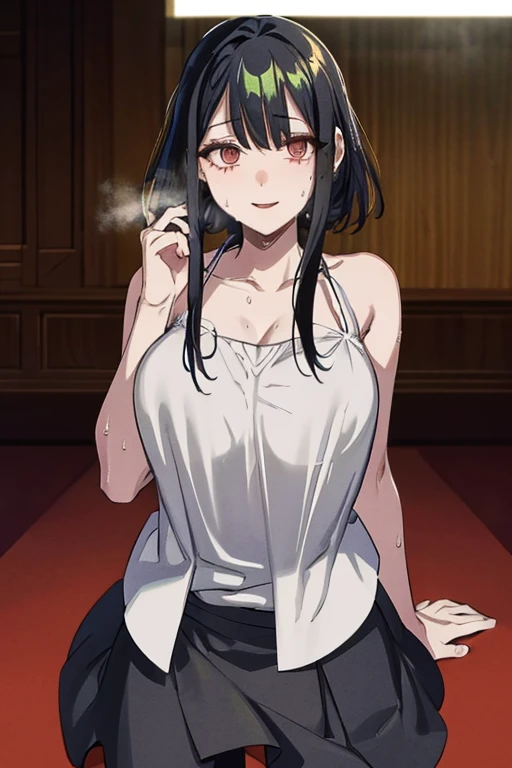Looking into the camera、When I Look at You、lookatviewer、Anime Style、1 Girl,  (Huge breasts:1.2), (White camisole)、Low - Angle、Black-haired、blush,  whole body,Round Breasts、smile、In the heat、(Sweat:1.5)、{best quality}, {very aesthetic}, {ultra-detailed}, {best illustration}, nsfw, 1girl, 1man, Sex, standing doggy,Cleavage