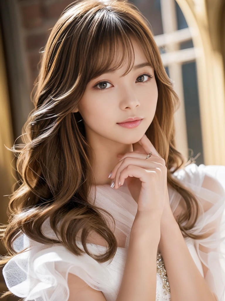 ((whole body))　(big 1.4)　Beautiful Fantasy Girl　((Highest quality)), ((masterpiece)), (Get used to it), Perfect Face　(1 Girl)　(French)　(she is 15 years old、The cutest teen in France.)　((Highest quality)), ((masterpiece)), length blonde hair 　length, 輝く茶colorの髪,Golden Silky Hair, Straight Brown Hair, length blonde straight hair, Perfect Silky Straight Hair, Straight Brown Hair, length blonde hair, sheの髪は長くてまっすぐだ, detailed length 　((big 1.4))　Super Long Hair down to the ankles　((Neat bangs　The neatly trimmed bangs are princess cut and cover the entire forehead......))...　明るい深紅colorの唇　good, Anatomically correct hand　Thin fingers　Anatomically correct5本の指　Sexy professional makeup　Beautiful French girl face, French facial features, Long Hair shiny Long Hair, length, 輝く茶colorの髪, length, Straight Brown Hair, sheの髪は長くてまっすぐだ, Super Long Hair girl, Silky Hair, length blonde hair, Silky Hair, length, Flat Hair, Silky texture, Long Hair, length, Flowing brown hair, thin and shiny hair　Anatomically correct、White beautiful human skin and detail of hands and fingers　Beautiful Eyes　Mouth Details　the corners of the mouth rise slightly　Cool look　　(眉毛のcolorは濃い茶colorです)　　(黄color dress posing for a picture, Disney Portraits, tumbler, What it is？, wearing organza gown, dressed beautiful gown, lady using 黄color dress, color: 黄color, A woman wearing a sparkly floral dress, elegant 黄color skin, gown, Fantasy Dress, Formal Wear, light 黄color　beautiful gown, 黄color theme　)　(A church with high quality stained glass..)　(she&#39;Random Pause)　(Random model standing pose)