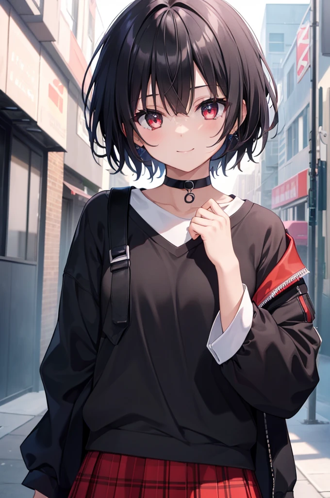 (masterpiece, highest quality, highest quality, (No text), Beautiful and aesthetic:1.2),No text,アニメ、BREAK,One Girl,Black Hair Girl short hair older sister choker Tree Eyes Beautiful eyes Red eyes cool smile Red and Black Black jacket mini skirt whole body In town
