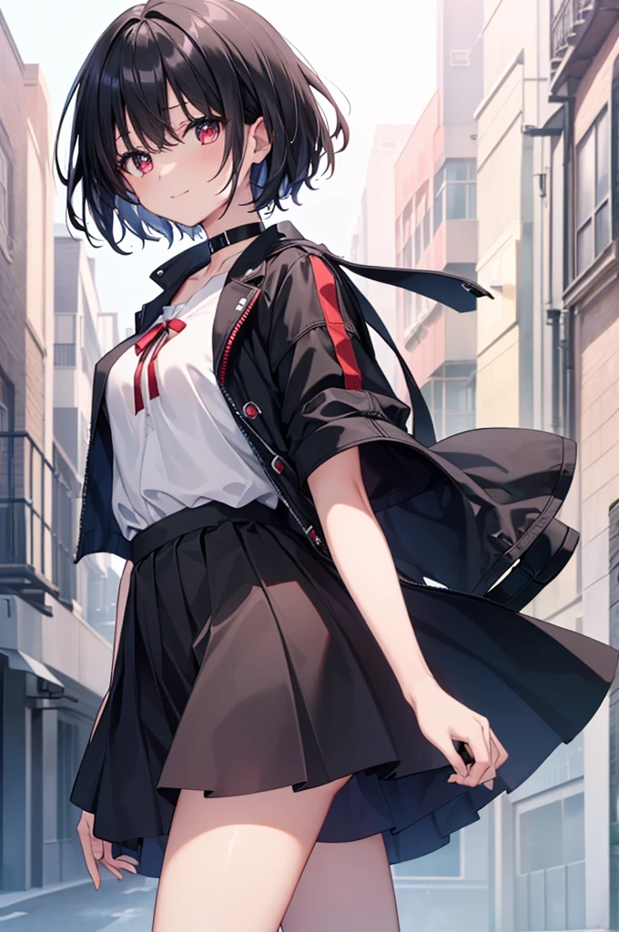 (masterpiece, highest quality, highest quality, (No text), Beautiful and aesthetic:1.2),No text,アニメ、BREAK,One Girl,Black Hair Girl short hair older sister choker Tree Eyes Beautiful eyes Red eyes cool smile Red and Black Black jacket mini skirt whole body In town