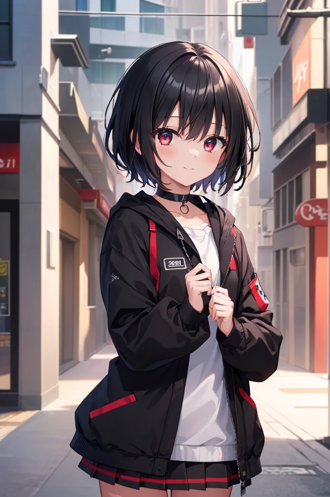 (masterpiece, highest quality, highest quality, (No text), Beautiful and aesthetic:1.2),No text,アニメ、BREAK,One Girl,Black Hair Girl short hair older sister choker Tree Eyes Beautiful eyes Red eyes cool smile Red and Black Black jacket mini skirt whole body In town