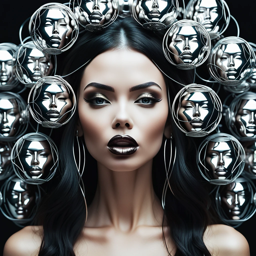 Female figure, tatoo human faces, sleek and polished, long hair from metallic wire, her eyes is globe, surround by glitchy mouths, surrealism, 3d, 4k