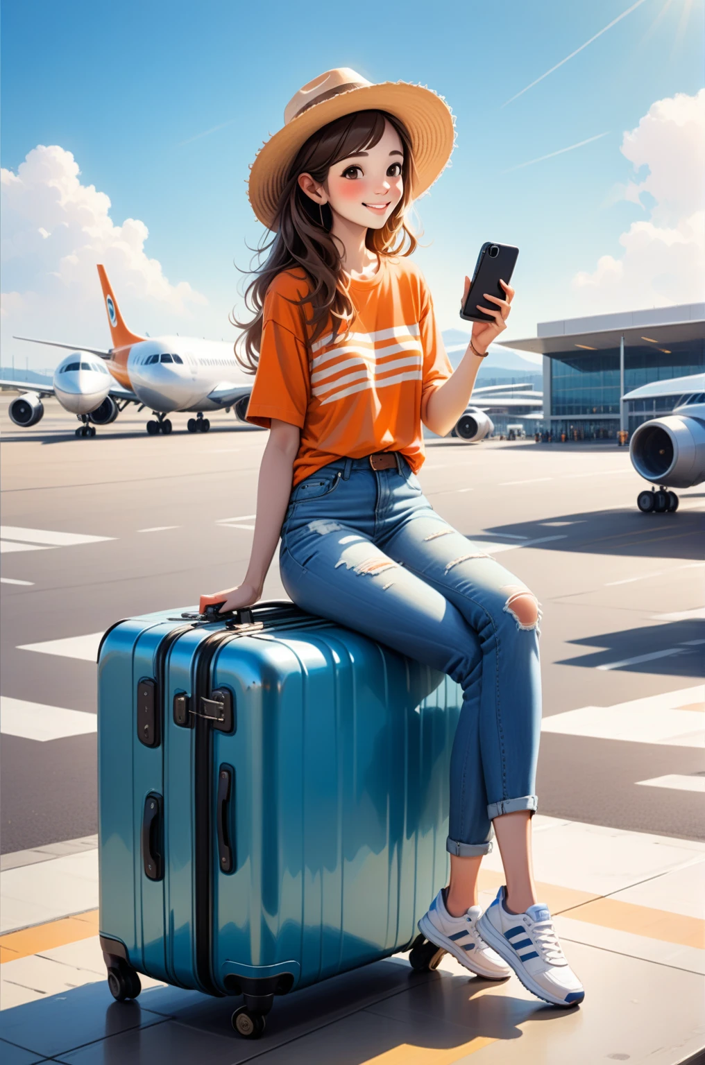 a pretty long wavy hair woman sitting on a suitcase with a cell phone in her hand, (in front of airport background), she wearing traveling clothes {straw hat, orange t-shirt, white striped t-shirt, light-blue denim cargo mini skirt, white sneakers}, (in front of airport background), vacation photo, ad image, in suitcase, profile pic, avatar image, luggage, traveller, portrait shot, commercial photo, photo portrait, marketing photo, expert artist, advertising photo, profile picture, media photo