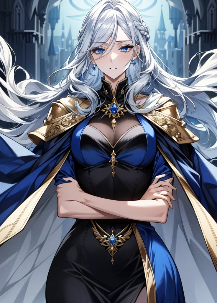 (work of art: 1.2), (best qualityer: 1.2) adolescent, mellow, Height (1.70), about 18 years old, silver hair(offwhite), slickedback hair, long hair, tied up hair, sapphire blue eyes, gold eyes, perfects eyes, Delicate Eyes, realisticeyes, natural eyes, Long eyelashes, anime styling, face perfect, fleshy lips, ssmile, mellow, large busts, steep busts, skin fair, natural body, corpo sexy, mellow body , posing with arms crossed , wearing a blue dress, long robe, cape back dress, blue cloak, Broad Hips, gazing at viewer, Background setting, set in an old castle, supernatural castle, posing from the front., Demonic Angel, regard froid, black and tight dress with red interior