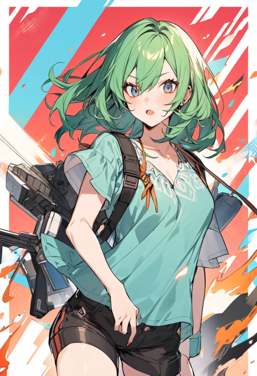 Free fire female character, with red and green hair, a loose blue blouse and short black shorts 