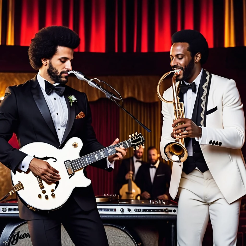 (((in the foreground there is a dj turntable, dj set))), Cinematic half body portrait of two musicians, (((Two different characters))) are on the picture. There is an authentic (((flamenco guitarist))) playing on a guitar wearing authentic spanish clothes with black hair and tanned skin. Beside him standing an afro american (((Jazz musician playing on a (((TRUMPET)) wearing white tuxedo in 60s style, (((One spanish acoustic guitarist)) and one 60s styled ((Jazz trumpet musician)))), photorealistic faces and bodies, realistic perfect detailed facial features, real human skin and hair, in the foreground there is a dj turntable, dj set, in the background subwoofers, photographic, realistic, volumetric lighting, cinematic lighting, contrast lighting, vintage filter, sharp focus, depth of field, raw photo, hdr, uhd, 4k, 35mm film