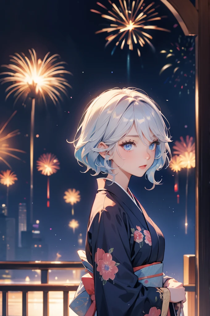 Furina kimono firework in the night , blue eyes, short hair