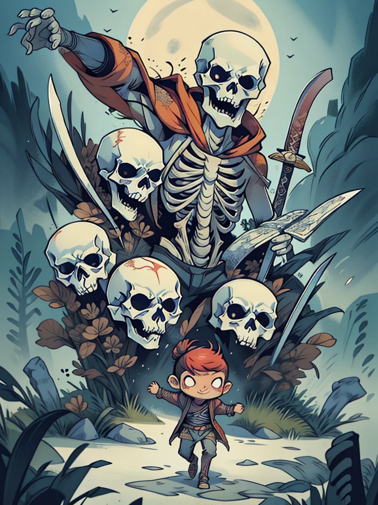 Images of various oriental monsters flocking in all directions around the screen, A skeleton monster running left and right while swinging a sword., skeleton monster, Skeleton monster wielding an oriental sword, I'm wearing pants, Skeleton monster wielding a large sword, Skeleton with a hood wrapped around its head, Moonlit night, run with a large knife