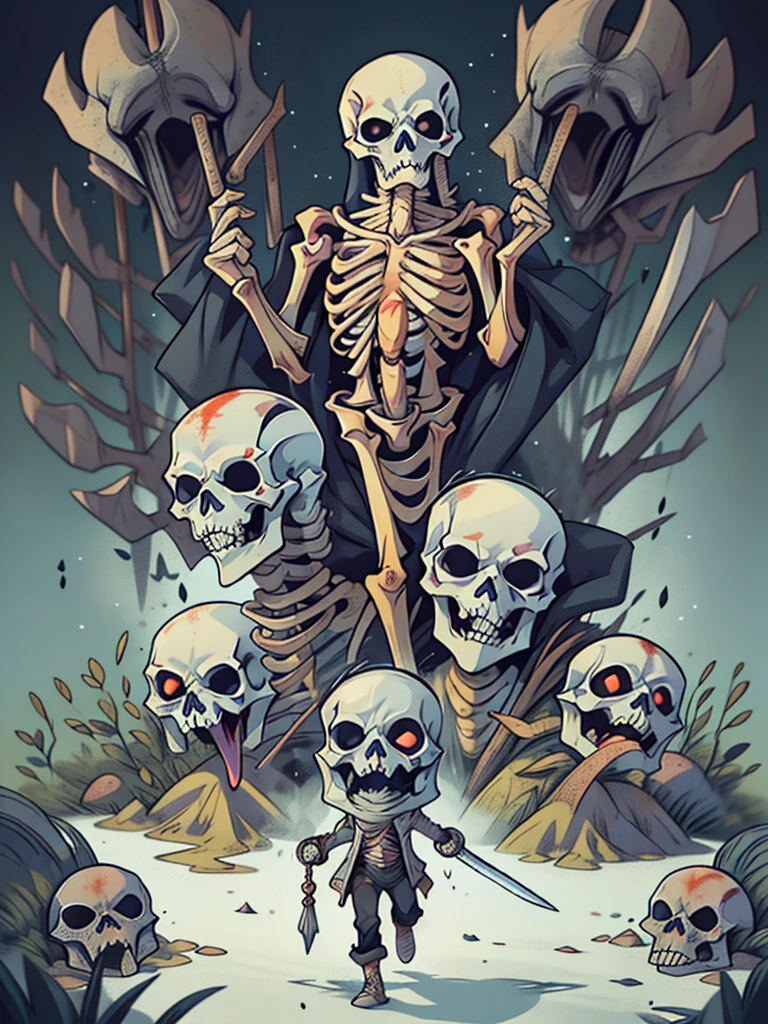 Images of various oriental monsters flocking in all directions around the screen, A skeleton monster running left and right while swinging a sword., skeleton monster, Skeleton monster wielding an oriental sword, I'm wearing pants, Skeleton monster wielding a large sword, Skeleton with a hood wrapped around its head, Moonlit night, run with a large knife