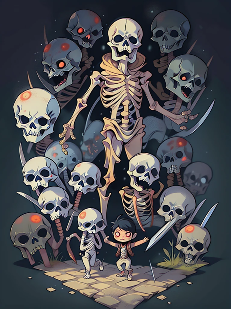 Images of various oriental monsters flocking in all directions around the screen, A skeleton monster running left and right while swinging a sword., skeleton monster, Skeleton monster wielding an oriental sword, I'm wearing pants, Skeleton monster wielding a large sword, Skeleton with a hood wrapped around its head, Moonlit night, run with a large knife
