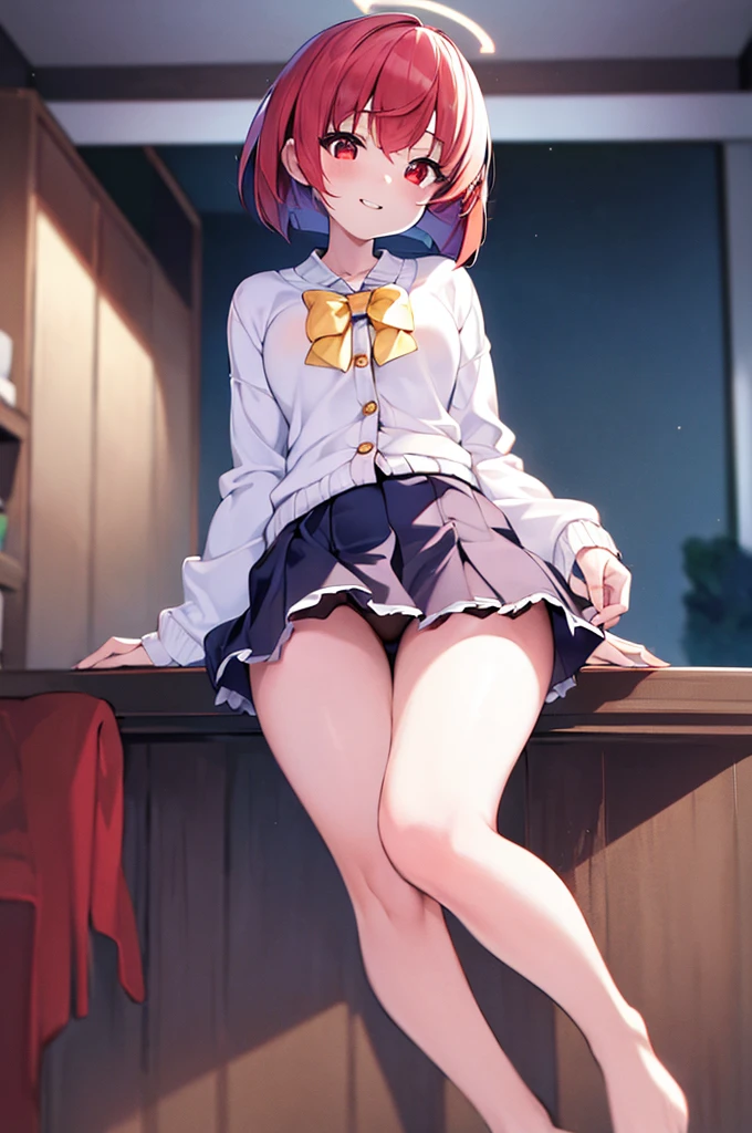 (The ultimate masterpiece), (Ultra HD), (Ultra-fine), High resolution, Ultimate beauty, High chroma, vivid, (pretty girl), Thighs, (cardigan), (skirt), Super Smile, Mouth open, Red hair,ショートBob，(Bob),Red Eyes ,Small breasts, Cute room