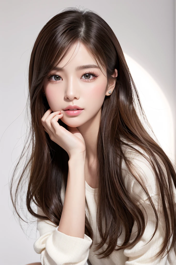 (Highest quality、Tabletop、8K、Best image quality、Award-winning works)、((profile:1.4))、ear、((Long Hair:1.46)),(Brown Hair)、(White casual clothes:1.2)、(The simplest pure white background:1.3)、(Perfectly fixed in front:1.1),(Portrait with Space:1.2)、Beautiful and exquisite、Perfect Makeup、Ultra-high definition beauty face、Ultra HD Hair、Ultra HD Shining Eyes、Super high quality glossy lip、Accurate anatomy、Very beautiful skin、(Pure white skin shining in ultra-high resolution:1.1)、(Very bright:1.2),Big Natural Color Lip、Lip gloss,Harajuku、cute、cute美人