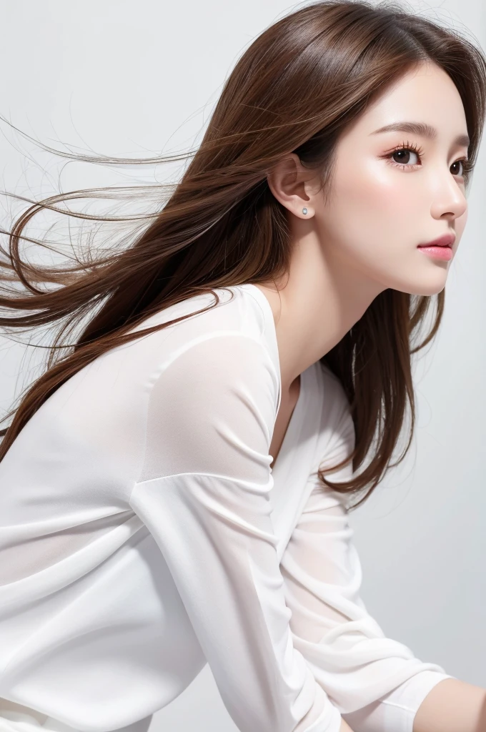 (Highest quality、Tabletop、8K、Best image quality、Award-winning works)、((profile:1.4))、ear、((Long Hair:1.46)),(Brown Hair)、(White casual clothes:1.2)、(The simplest pure white background:1.3)、(Perfectly fixed in front:1.1),(Portrait with Space:1.2)、Beautiful and exquisite、Perfect Makeup、Ultra-high definition beauty face、Ultra HD Hair、Ultra HD Shining Eyes、Super high quality glossy lip、Accurate anatomy、Very beautiful skin、(Pure white skin shining in ultra-high resolution:1.1)、(Very bright:1.2),Big Natural Color Lip、Lip gloss,Harajuku、cute、cute美人