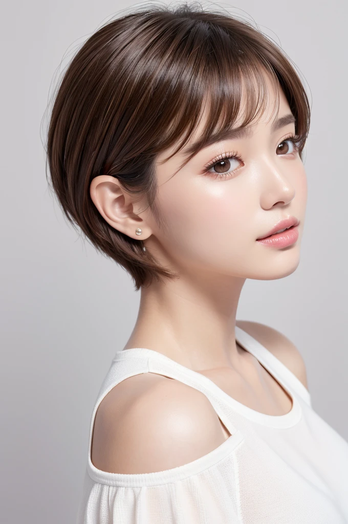 (Highest quality、Tabletop、8K、Best image quality、Award-winning works)、((profile:1.4))、ear、((short hair:1.46)),(Brown Hair)、(White casual clothes:1.2)、(The simplest pure white background:1.3)、(Perfectly fixed in front:1.1),(Portrait with Space:1.2)、Beautiful and exquisite、Perfect Makeup、Ultra-high definition beauty face、Ultra HD Hair、Ultra HD Shining Eyes、Super high quality glossy lip、Accurate anatomy、Very beautiful skin、(Pure white skin shining in ultra-high resolution:1.1)、(Very bright:1.2),Big Natural Color Lip、Lip gloss,Harajuku、cute、cute美人