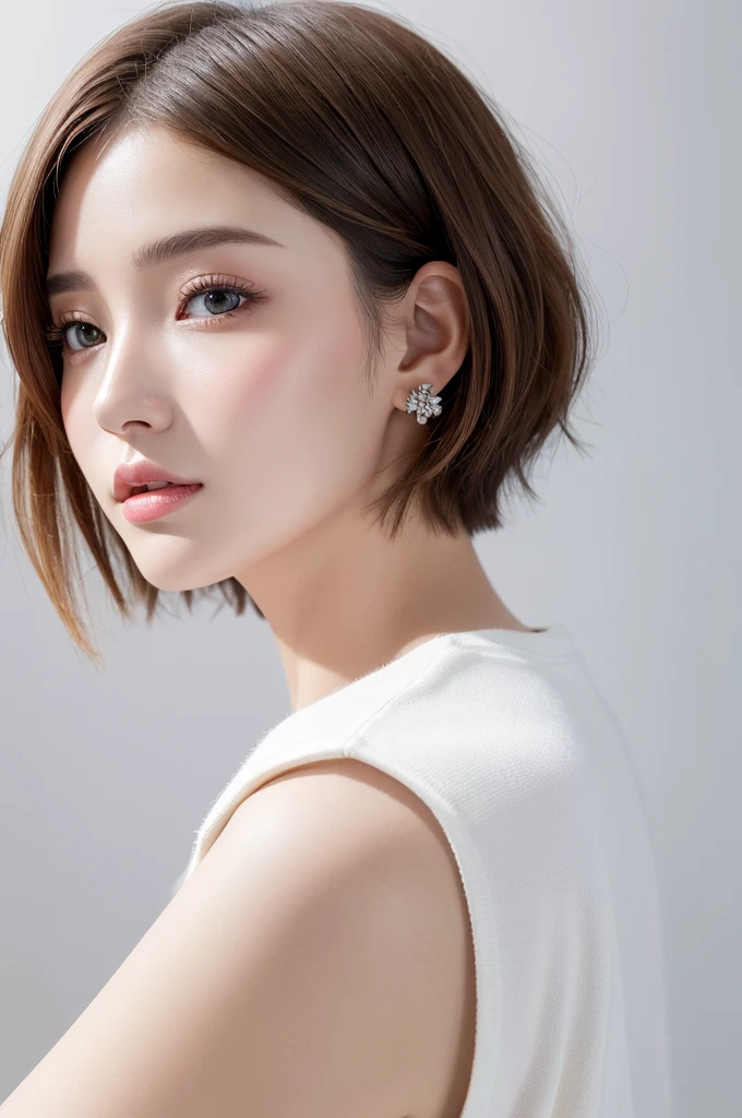 (Highest quality、Tabletop、8K、Best image quality、Award-winning works)、((profile:1.4))、ear、((short hair:1.46)),(Brown Hair)、(White casual clothes:1.2)、(The simplest pure white background:1.3)、(Perfectly fixed in front:1.1),(Portrait with Space:1.2)、Beautiful and exquisite、Perfect Makeup、Ultra-high definition beauty face、Ultra HD Hair、Ultra HD Shining Eyes、Super high quality glossy lip、Accurate ???????、Very beautiful skin、(Pure white skin shining in ultra-high resolution:1.1)、(Very bright:1.2),Big Natural Color Lip、Lip gloss,Harajuku、cute、cute美人