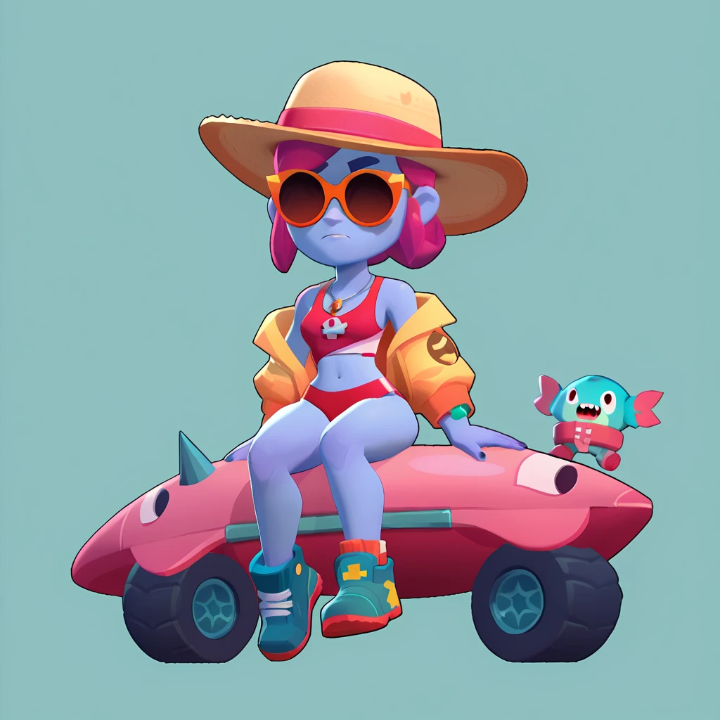 full body view of a monster dinosaur, blue skin, female, dressed in a red swimsuit and sunglasses, with a pink and white buoy, triceratops animal, brawl, brawl stars
