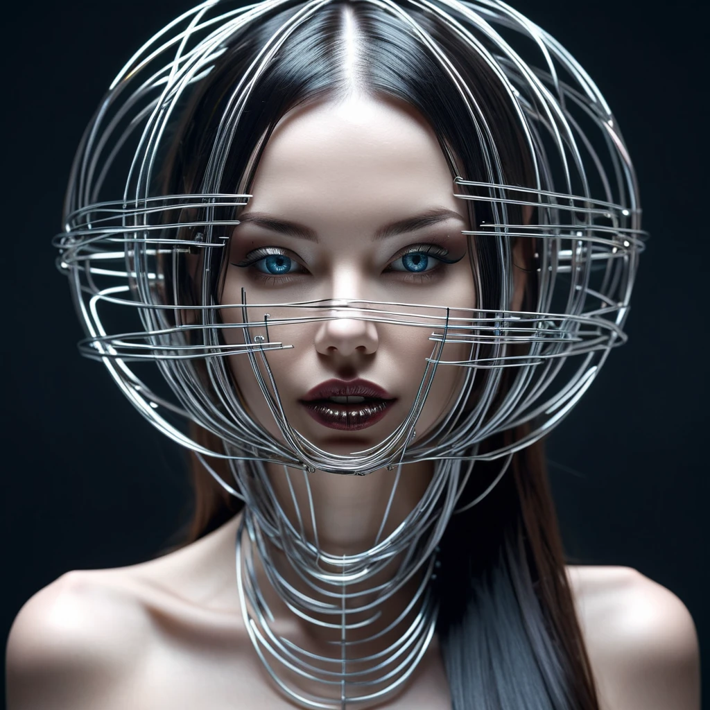 Female figure, tatoo human faces, sleek and polished, long hair from metallic wire, her eyes is globe, surround by glitchy mouths, surrealism, 3d, 4k
