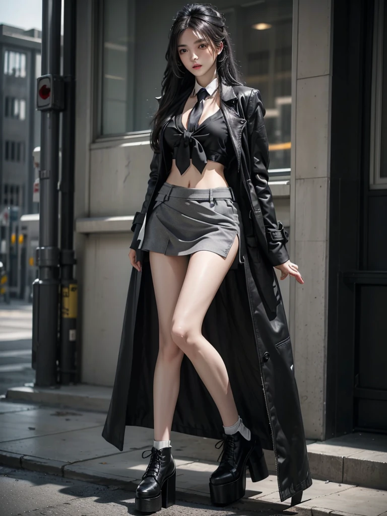 Battlefield Background,A long black coat,White belly-baring tube top,Tie a tie,grey miniskirt,Close-up shot of young girl with long white hair in black platform shoes holding bow,Full body close-up