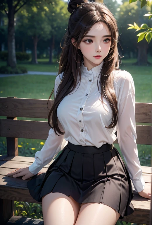 (1 Girl:1.3), Sexy pose, slim, (Reality:1.4), (masterpiece, Top quality, best quality, Official Art), Extremely detailed, The most detailed, (Extremely detailed), ((Extremely delicate and beautiful)), light, (Realistically:1.3), (High Detail Skin:1.2), high resolution, 8K UHD, 4K, 8K, Bokeh, Digital SLR Camera, , The best ratio of four fingers and one thumb, In a park with trees,Sitting on a bench、Spread your legs:1.3, ((Silky long hair)), (Brown hair), (Bun hairstyle), Tears, Pretty Face, Perfect face, highly detailed Pretty Face, Lovely, Shy,blush, Dynamic Angle, from above,Looking at the audience, Wearing brown sweater,Short skirt,Underwear can be seen from inside the skirt,B can be seen from inside the skirt