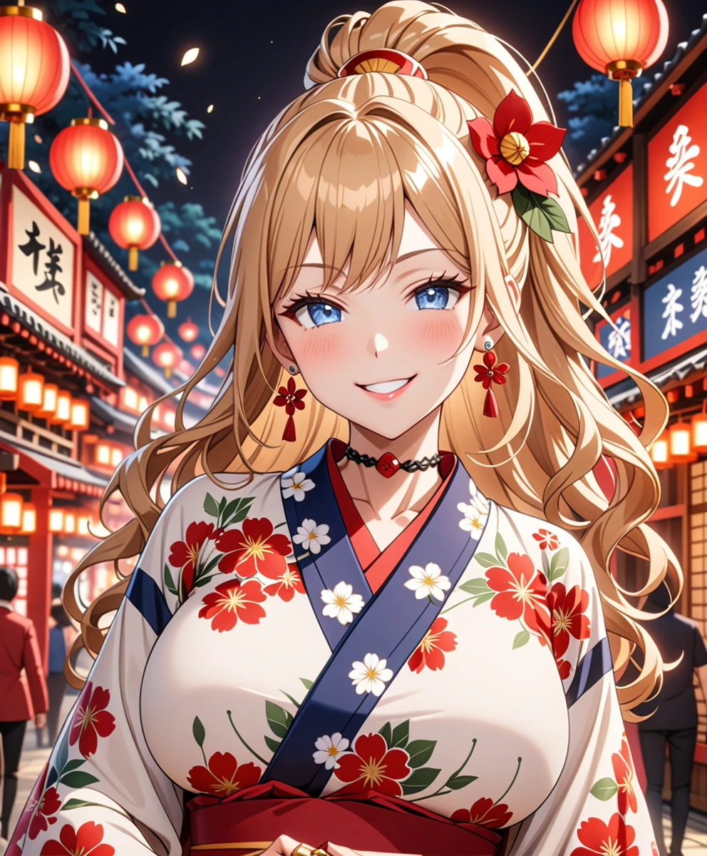 ((one girl)), hyper detailed, absurdres, 8K,Cute face, Beautiful Face, (Laugh shyly), ((teasing smile:1.8)), ((Wink:1.8)), (Laugh with your mouth wide open),(Tilt your head:1.3), View your viewers, ((Bright red cheeks:1.6)),Glossy Red Lips, ((Big Breasts:1.5)) night, Shrine festival stalls, (Brighten your face), ((Anime style background)),masterpiece, Highest quality, so beautiful,Latest, Complex details, (Pink long nails), (nail art), (ring),(bracelet), (Floral Choker),AI-generated, Complex,High resolution, Highest quality, super high quality,3D Images、3D Images,One person,Blonde long hair,(High Ponytail), (Wavy Hair), Anime woman posing for a photo, ((Fine grain、blue eyes、Shining Eyes:1.4)), (Squint your eyes:1.1),a hyperRealistic , hyperRealistic , Realistic,Long blonde anime woman, Smooth anime CG art, Pink large floral patternの刺繍が入った、A girl in a gorgeous kimono, ((White long-sleeved kimono)),(Pink large floral pattern) ,Long flower hair ornament,Floral Earrings,Mature Body, expensive,Abdominal muscles,Tight waist,((Zoom in on face:1.9)), (front view),