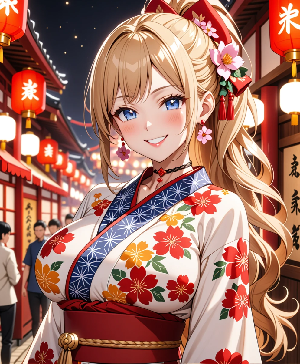 ((one girl)), hyper detailed, absurdres, 8K,Cute face, Beautiful Face, (Laugh shyly), ((teasing smile:1.8)), ((Wink:1.8)), (Laugh with your mouth wide open),(Tilt your head:1.3), View your viewers, ((Bright red cheeks:1.6)),Glossy Red Lips, ((Big Breasts:1.5)) night, Shrine festival stalls, (Brighten your face), ((Anime style background)),masterpiece, Highest quality, so beautiful,Latest, Complex details, (Pink long nails), (nail art), (ring),(bracelet), (Floral Choker),AI-generated, Complex,High resolution, Highest quality, super high quality,3D Images、3D Images,One person,Blonde long hair,(High Ponytail), (Wavy Hair), Anime woman posing for a photo, ((Fine grain、blue eyes、Shining Eyes:1.4)), (Squint your eyes:1.1),a hyperRealistic , hyperRealistic , Realistic,Long blonde anime woman, Smooth anime CG art, Pink large floral patternの刺繍が入った、A girl in a gorgeous kimono, ((White long-sleeved kimono)),(Pink large floral pattern) ,Long flower hair ornament,Floral Earrings,Mature Body, expensive,Abdominal muscles,Tight waist,((Zoom in on face:1.9)), (front view),