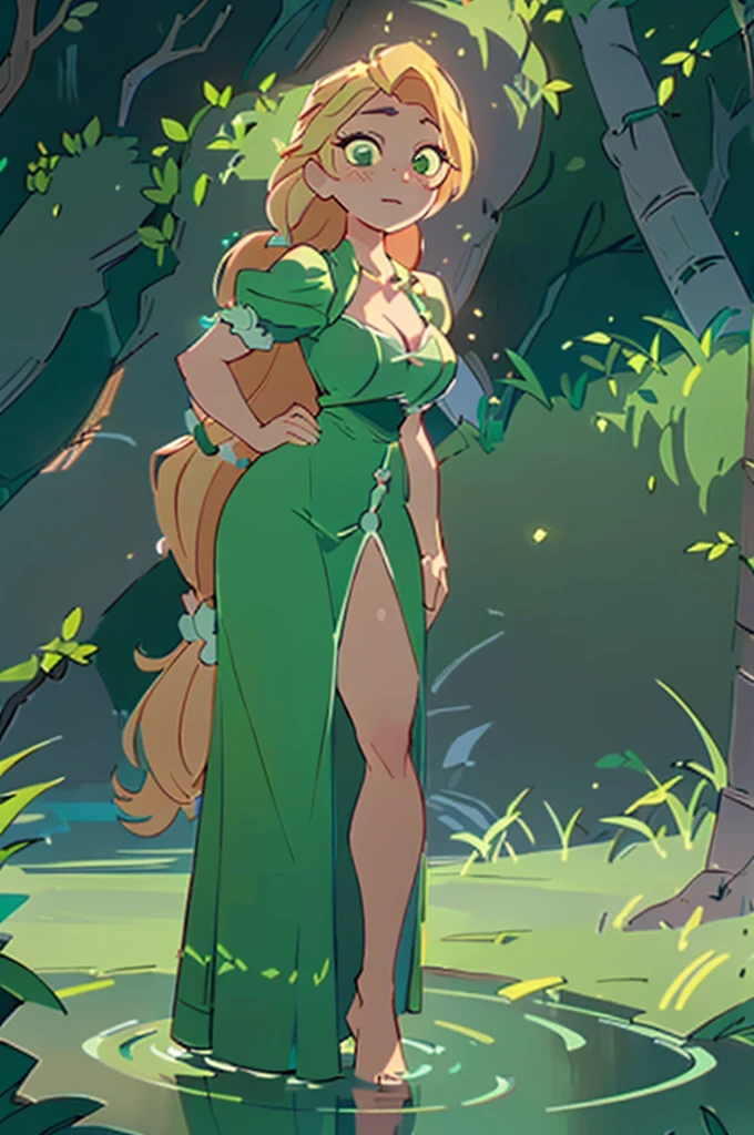 (rapunzel:1), tangled, (standing in water:1.2), (long hair, blonde hair, green eyes:1), (long braid:1.5), ((green eyes), (long dress), cartoony facial features, large round eyes, blonde hair, (realistic:1.2), (masterpiece:1.2), (full-body-shot:1),(Cowboy-shot:1.2), green grass, dandelions, light particles, magical forest background, neon lighting, dark romantic lighting, (highly detailed:1.2),(detailed face:1.2), (gradients), colorful, detailed eyes, (detailed landscape:1.2), (natural lighting:1.2),(detailed background),detailed landscape, (dynamic pose:1.2), close shot, solo, naked, big breasts, topless, bottomless, vagina, not wearing clothes