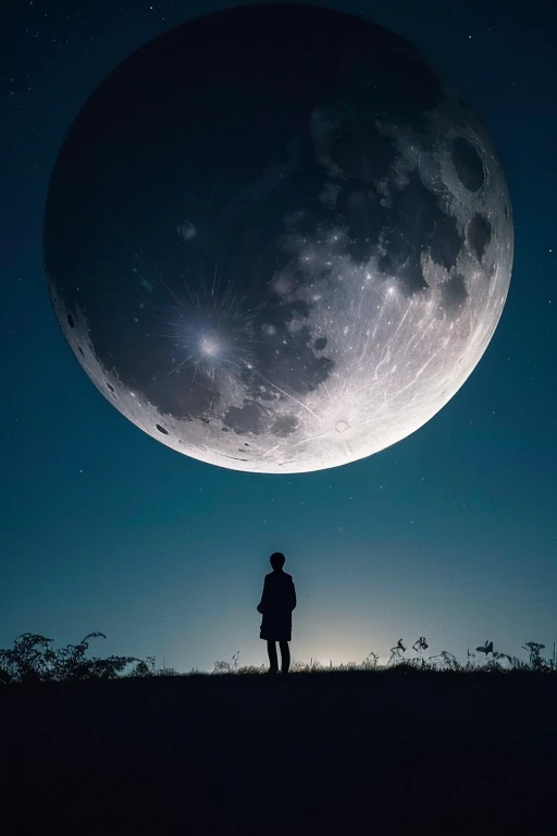Highest quality,Big moon and shadow,A silhouette of a person can be seen against the backdrop of a large moon.,There is one full moon,There is a mood,Beautiful scenery,Starry Sky