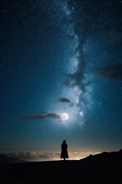 Highest quality,Big moon and shadow,A silhouette of a person can be seen against the backdrop of a large moon.,There is one full moon,There is a mood,Beautiful scenery,Starry Sky