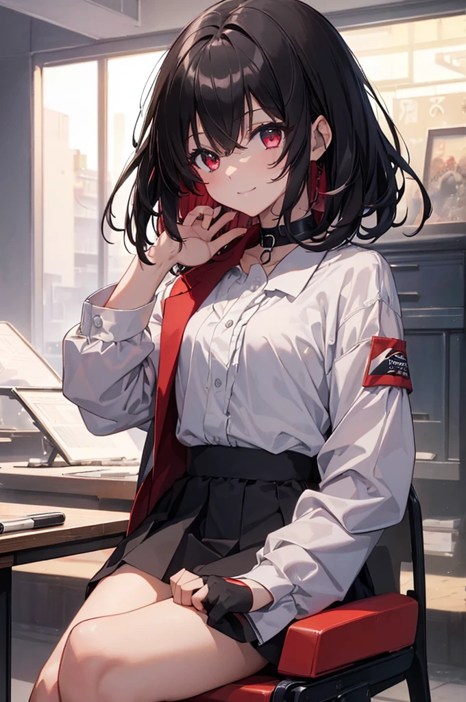 (masterpiece, highest quality, highest quality, (No text), Beautiful and aesthetic:1.2),No text,アニメ、BREAK,One Girl，Black Hair Girl　short hair　older sister　choker　Tree Eyes　Beautiful eyes　Red eyes　cool　smile　Red and Black　Black jacket　mini skirt　whole body　In town