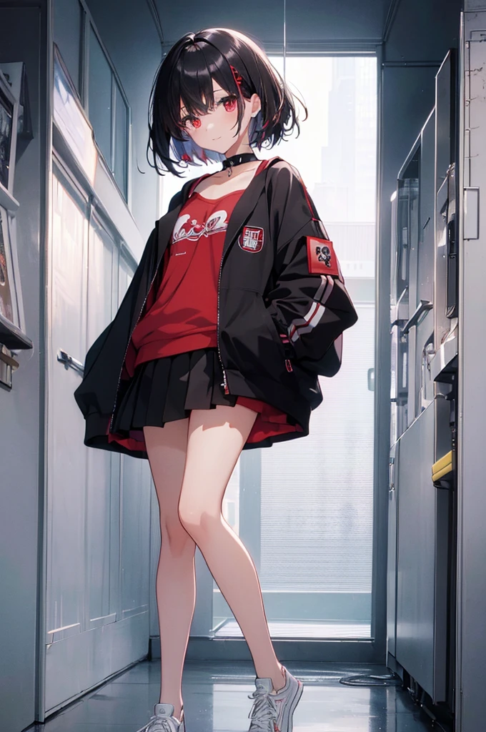 (masterpiece, highest quality, highest quality, (No text), Beautiful and aesthetic:1.2),No text,アニメ、BREAK,One Girl，Black Hair Girl　short hair　older sister　choker　Tree Eyes　Beautiful eyes　Red eyes　cool　smile　Red and Black　Black jacket　mini skirt　whole body　In town