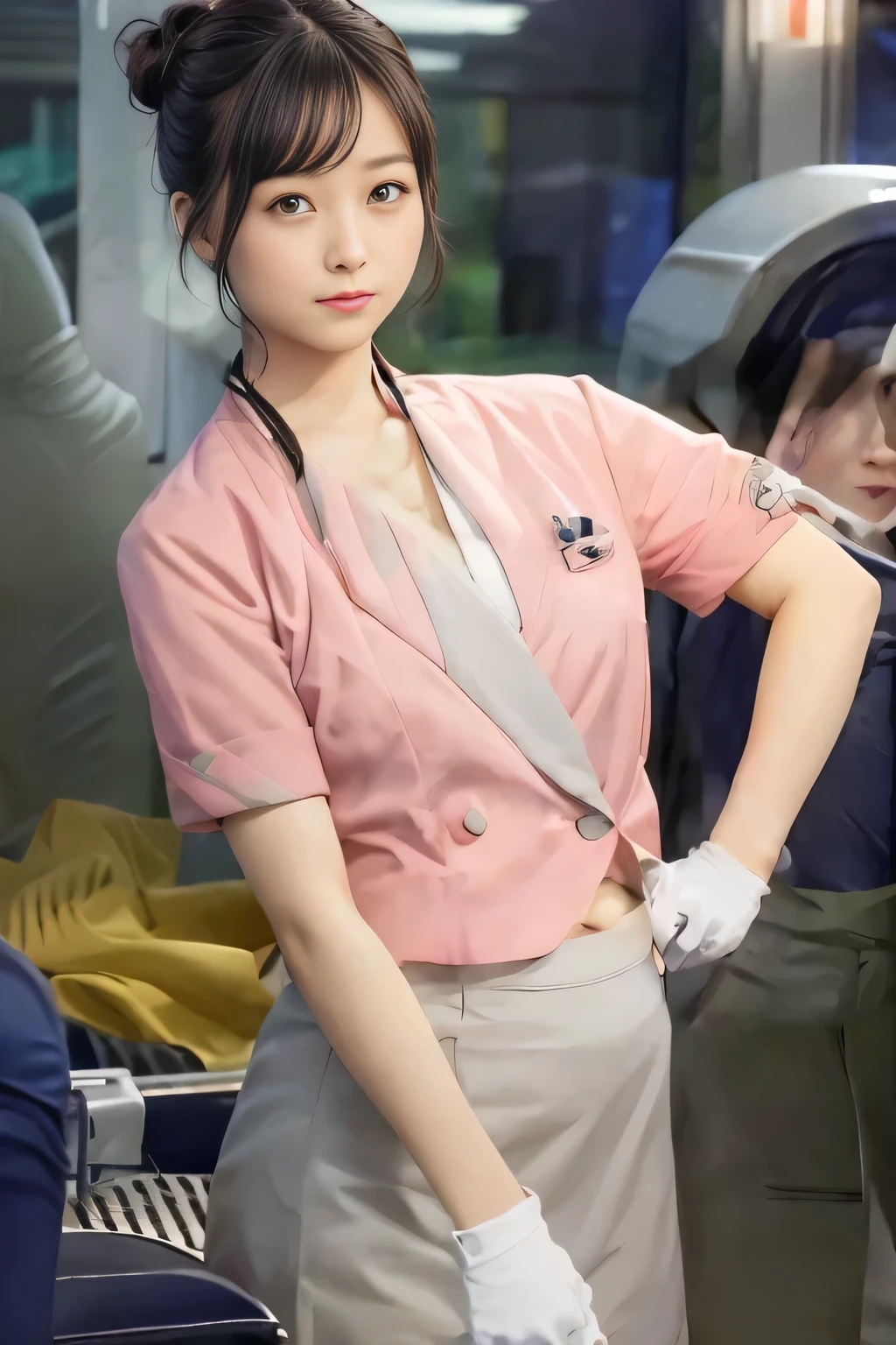 (masterpiece:1.2, Highest quality:1.2), 32k HDR, High resolution, (alone、1 Girl)、（On the roof of a building in the daytime、Professional Lighting）、Building rooftop background、（Nankai train crew uniform pinkを着たリアルスタイル）、（Nankai Railway crew uniform, pink, short sleeve, collarless, pink jacket、Nankai Railway crew uniform pink no-collar short-sleeve blouse、Nankai Railway crew uniform, pink grey, knee-length culottes）、（（The bottom of the pink short-sleeved jacket cannot be tucked into the clay-colored culottes..））、Dark brown hair、（Hair tied up、Hair Bun、Hair Bun）、Dark brown hair、Long Shot、Big Breasts、Thin legs、（（Great hands：2.0）），（（Harmonious body proportions：1.5）），（（Normal limbs：2.0）），（（Normal finger：2.0）），（（Delicate eyes：2.0）），（（Normal eyes：2.0））)、（Nankai Railway crew uniform, pink grey, knee-length culottesを見せた美しい立ち姿）、smile