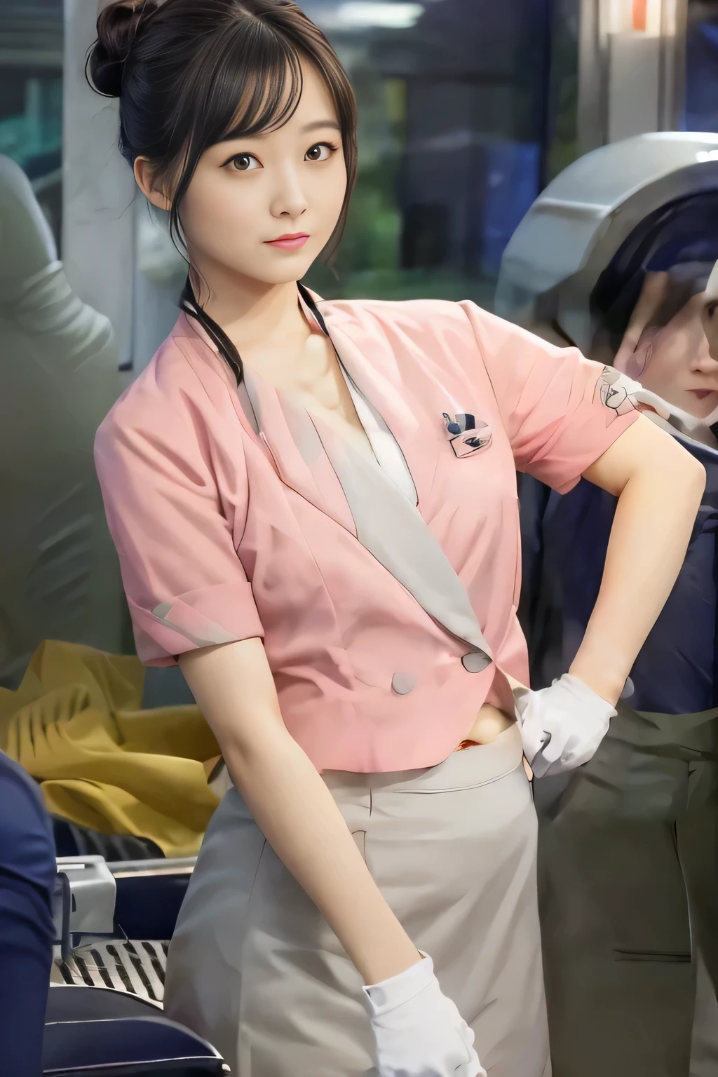 (masterpiece:1.2, Highest quality:1.2), 32k HDR, High resolution, (alone、1 Girl)、(On the roof of a building in the daytime、Professional Lighting)、Building rooftop background、(Nankai train crew uniform pinkを着たリアルスタイル)、(Nankai Railway crew uniform, pink, short sleeve, collarless, pink jacket、Nankai Railway crew uniform pink no-collar short-sleeve blouse、Nankai Railway crew uniform, pink grey, knee-length culottes)、((The bottom of the pink short-sleeved jacket cannot be tucked into the clay-colored culottes..))、Dark brown hair、(Hair tied up、Hair Bun、Hair Bun)、Dark brown hair、Long Shot、Big Breasts、Thin legs、((Great hands:2.0)),((Harmonious body proportions:1.5)),((Normal limbs:2.0)),((Normal finger:2.0)),((Delicate eyes:2.0)),((Normal eyes:2.0)))、(Nankai Railway crew uniform, pink grey, knee-length culottesを見せた美しい立ち姿)、smile