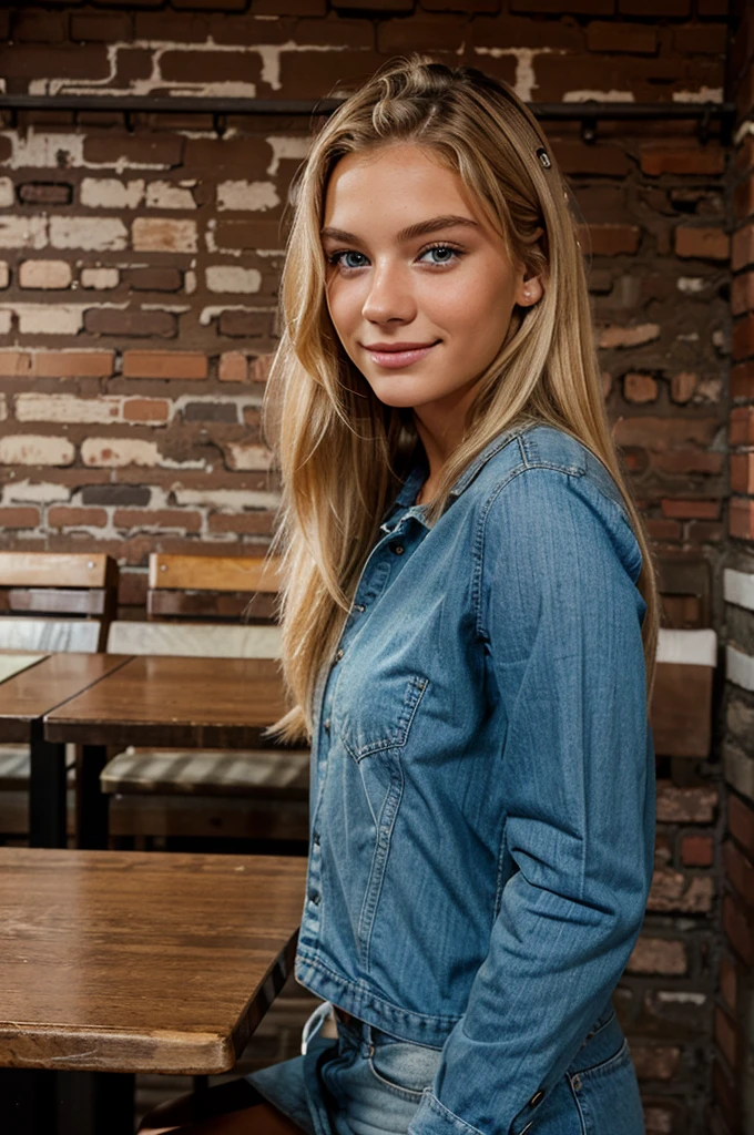 19 year old beautiful model, wearing casual cloths, at a restaurant with a brick wall behind her and a table in front of her, blonde straight hairs, blue eyes, happy face, realistic photography