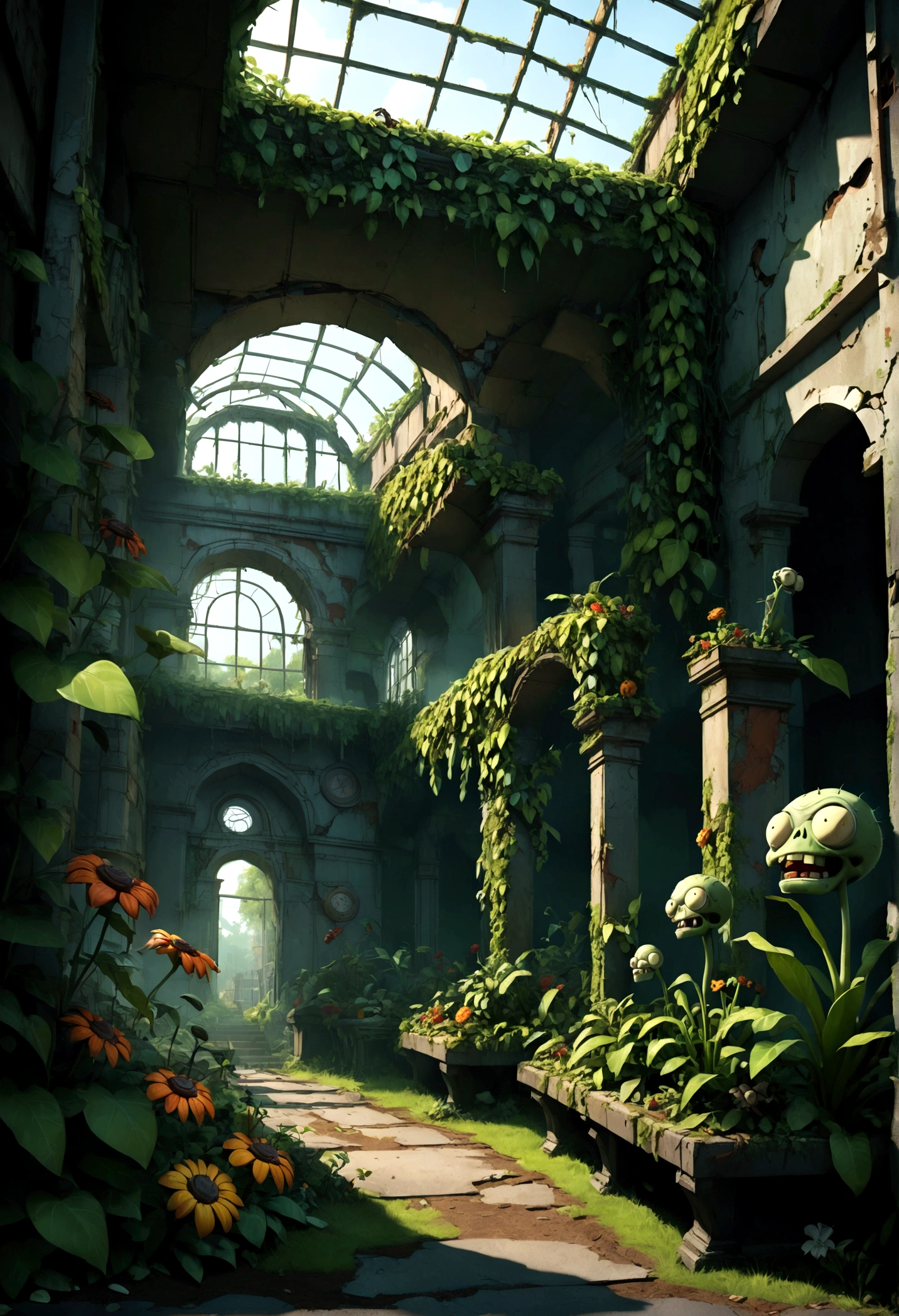 Plants vs. Zombies, detailed plants vs zombies, botanical garden, overgrown greenery, nature vs technology, vibrant colors, lush foliage, decaying ruins, post-apocalyptic, dark fantasy, cinematic lighting, dramatic shadows, highly detailed, intricate textures, 8k, masterpiece, best quality, very aesthetic, absurdres