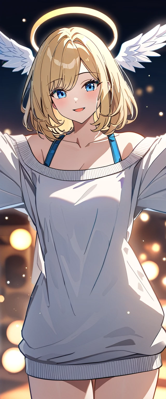 ((flying in the sky)), ((angel, big big white wings:1.3, halo:1.3)), ((sea)), (((spread arms))), (((cowboy shot))), archangel Uriel, ((wavy hair, outward curled hair)), evening, Sunset, ((blond hair, bob cut:1.3)), breasts, teenager, (looking at viewer), oversized clothes, puffy long sleeves, collarbone, ((off-shoulder sweater:1.3, Quite thick shoulder straps)), ((white sweater)), collarbone, head tilt:1.3, (((blue eyes))), ((happy smile)), (((anime style))), (best quality, 4K, 8K, highres, masterpiece:1.2, ultra-detailed, ultra-detailed eyes, HDR, uhd, studio lighting, ultra-fine painting, sharp focus, physically-based rendering, extreme detail description, professional, vivid colors, bokeh)