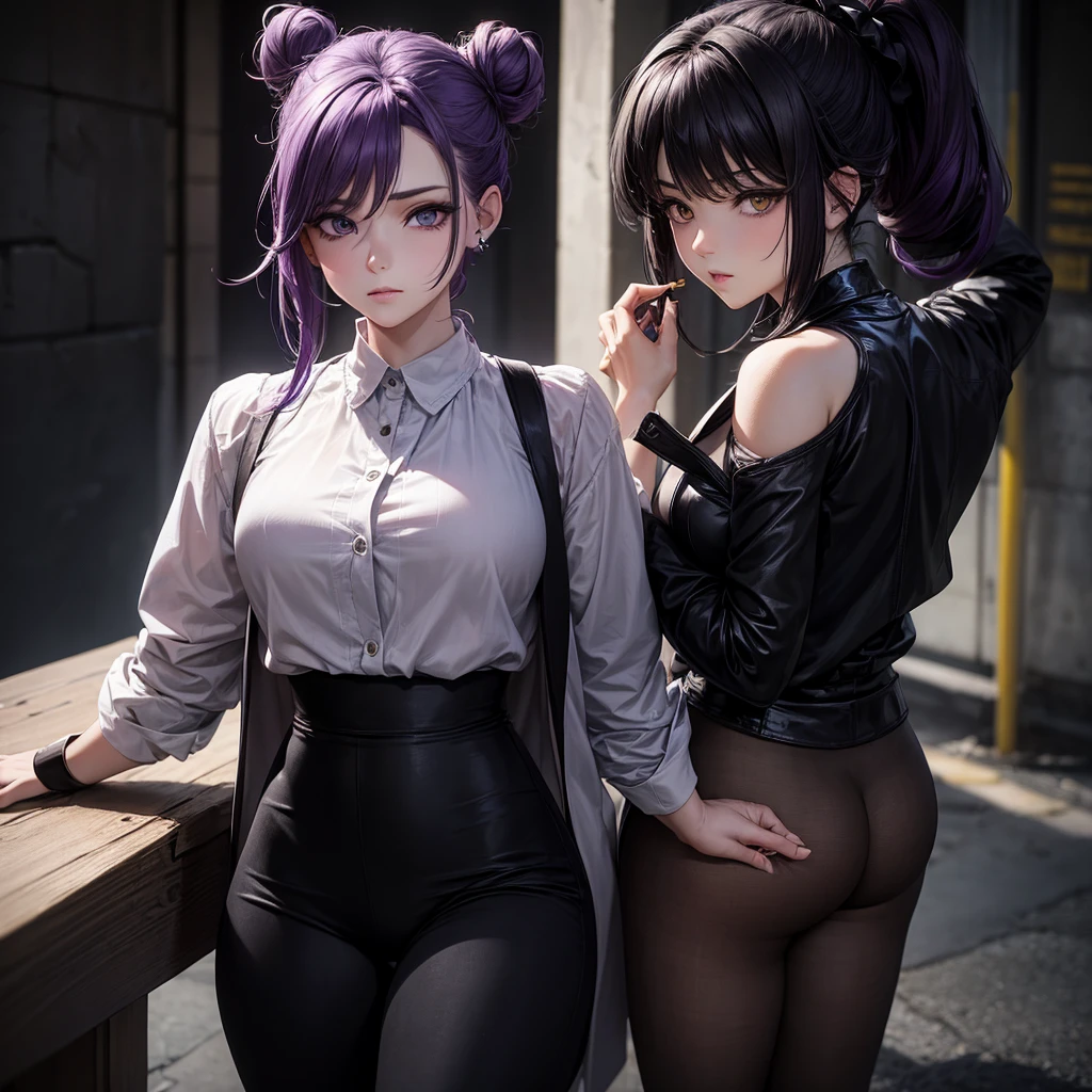 (masterpiece), best quality, expressive eyes, perfect face, purple hair, yellow eyes, women,  white blouse, hair in a bun, black pants, one person, sad vibes, pretty