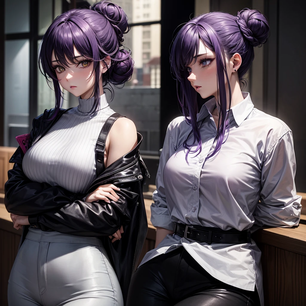 (masterpiece), best quality, expressive eyes, perfect face, purple hair, yellow eyes, women, white blouse, hair in a bun, black pants, one person, sad vibes, pretty