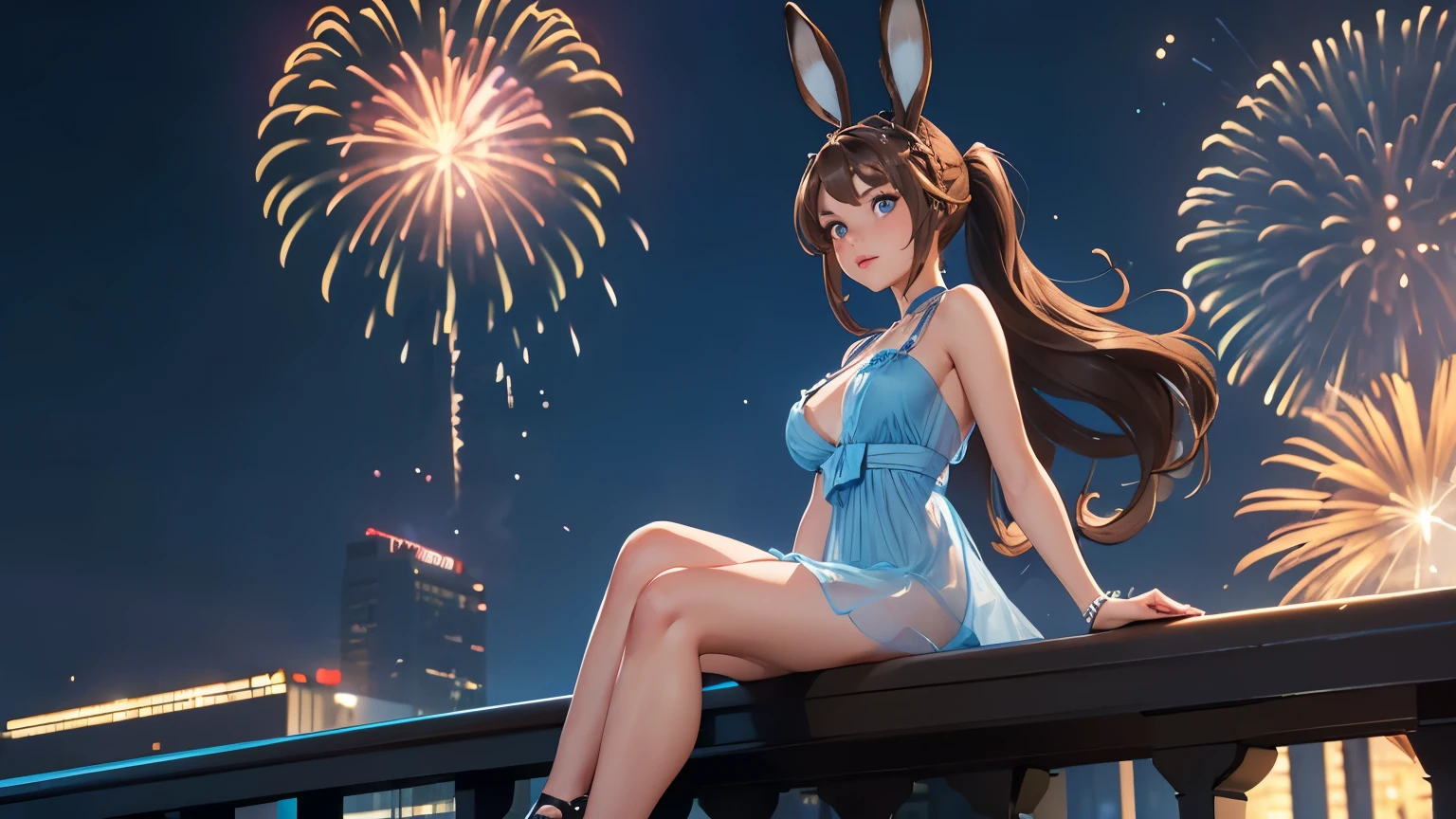 Woman, Brown HAir, Long Hair, Ponytail, (Brown Rabbit Ears), Blue Eyes, Very Large Breasts, ((Short Blue Translucent mini dress)), (((Translucid Dress))), High Heels, (On Balcony Watching Fireworks), at night
