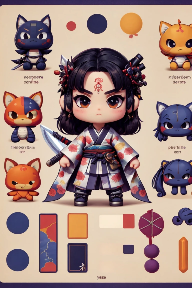 Create a character of a little ninja, kimono, muscular body, combat pose and katana sword in hand.