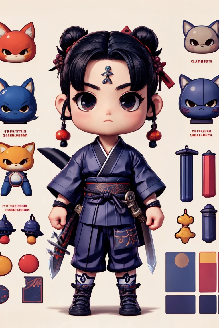 Create a character of a little ninja, kimono, muscular body, combat pose and katana sword in hand.