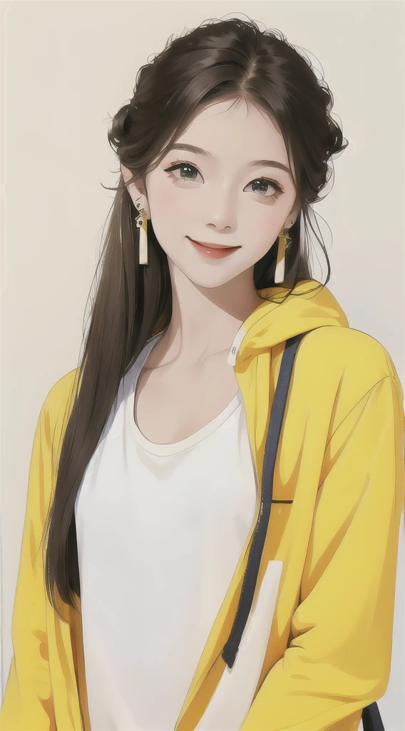 ((Masterpiece)),Cute girl with random hair, Messy, Earrings, Street Style, Carefree look, Plain background, A light smile, Simple Background, Minimalist
