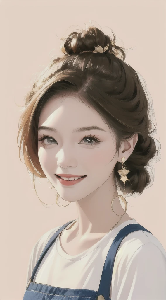 ((Masterpiece)),Cute girl with random hair, Messy, Earrings, Street Style, Carefree look, Plain background, A light smile, Simple Background, Minimalist